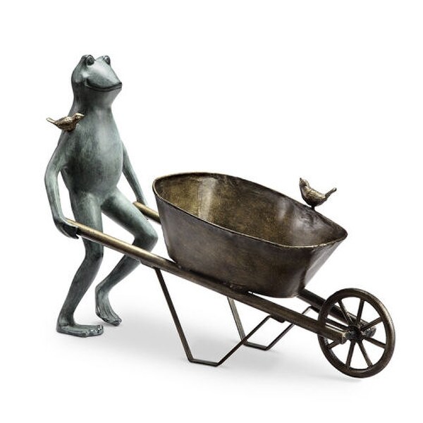 Frog with Wheel Barrel Garden Planter Sculpture and Two Birds